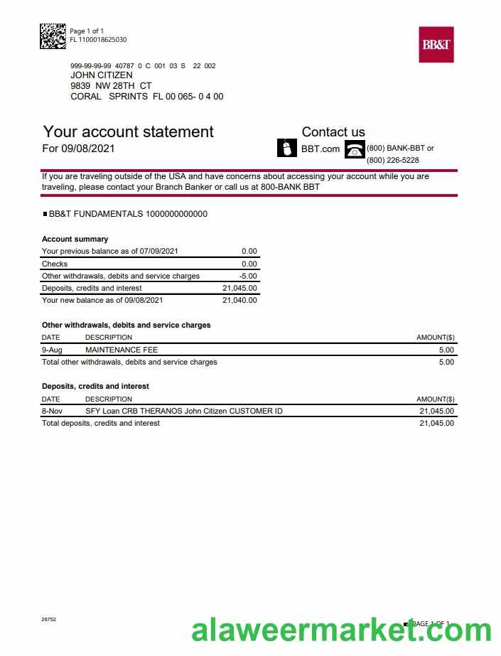 USA North Carolina BB&T Corp. bank account statement template in Word and PDF format
